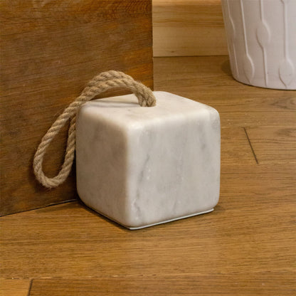 3kg Square White Marble Doorstop with Handle | Heavy Duty Cube Door Stop for Floor - 10cm