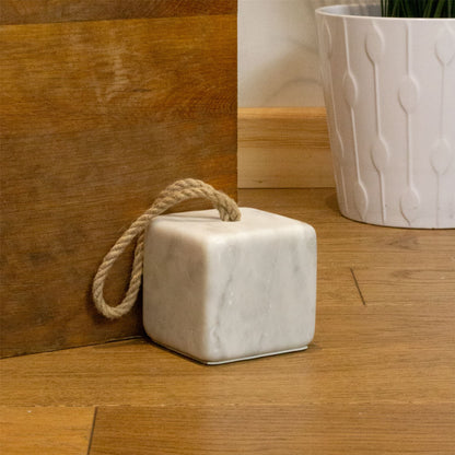 3kg Square White Marble Doorstop with Handle | Heavy Duty Cube Door Stop for Floor - 10cm