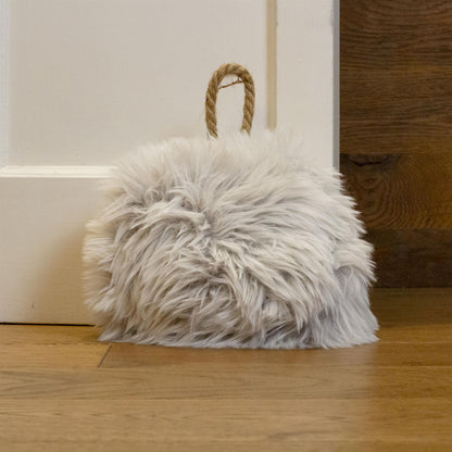 Faux Fur Doorstop | Plush Fluffy Weighted Door Stop With Jute Handle - 15cm