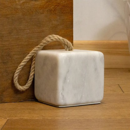 3kg Square White Marble Doorstop with Handle | Heavy Duty Cube Door Stop for Floor - 10cm