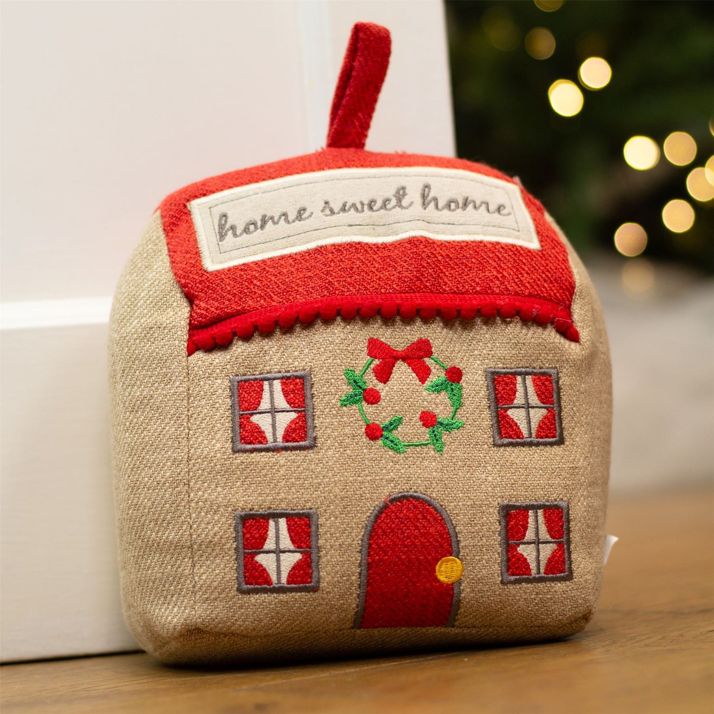 Home Sweet Home Christmas Cottage Doorstop | Festive Fabric House Door Stop 17cm