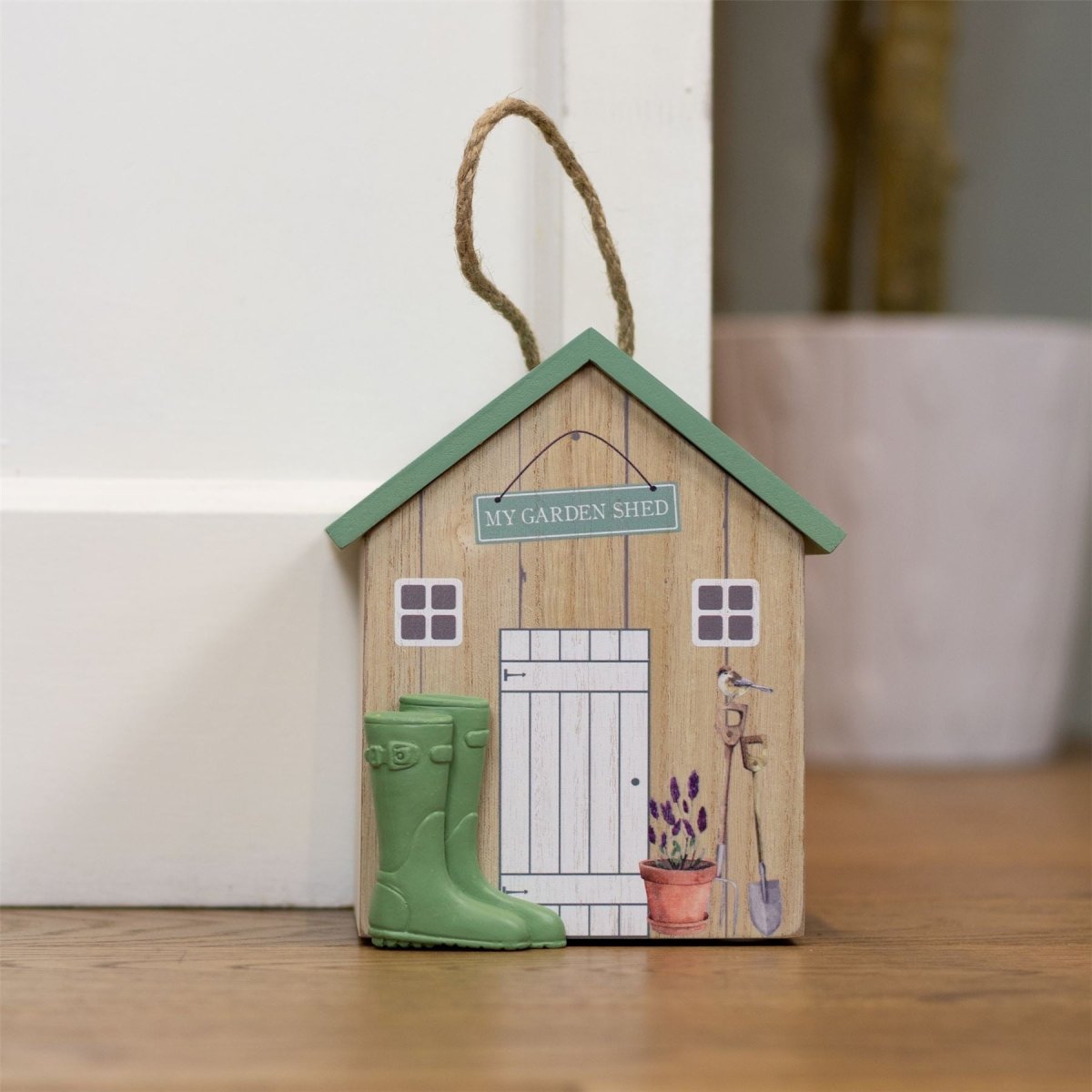 Charming Wooden Shed Doorstop | Cute Wood Door Stop with Jute Handle - 18x15cm - Doorstop