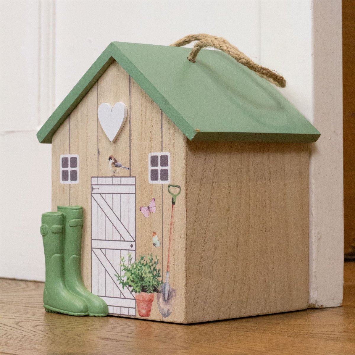 Charming Wooden Shed Doorstop | Cute Wood Door Stop with Jute Handle - 18x15cm - Doorstop