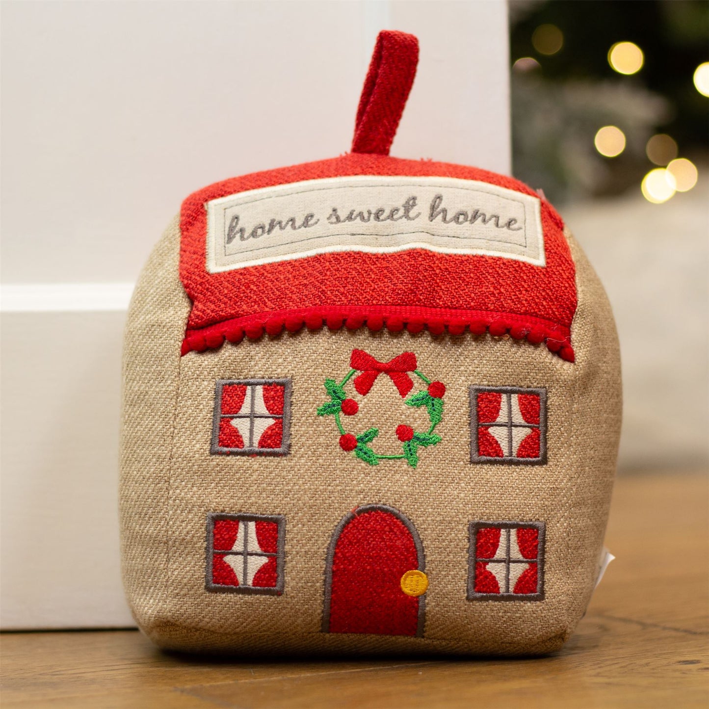 Home Sweet Home Christmas Cottage Doorstop | Festive Fabric House Door Stop 17cm