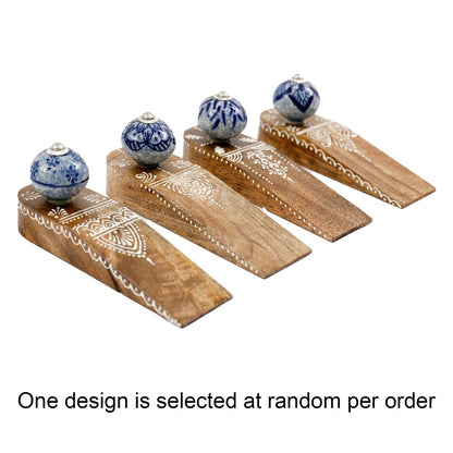 Wooden Door Stop Wedge | Mango Wood Doorstop with Blue Ceramic Accent - 16cm - Doorstop